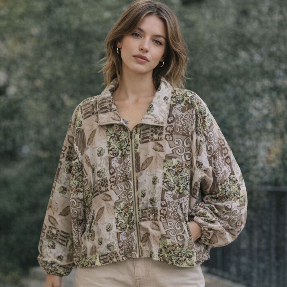 Vintage 90s EVR Silk Bomber Jacket Womens Sz XL Patchwork Windbreaker Festival